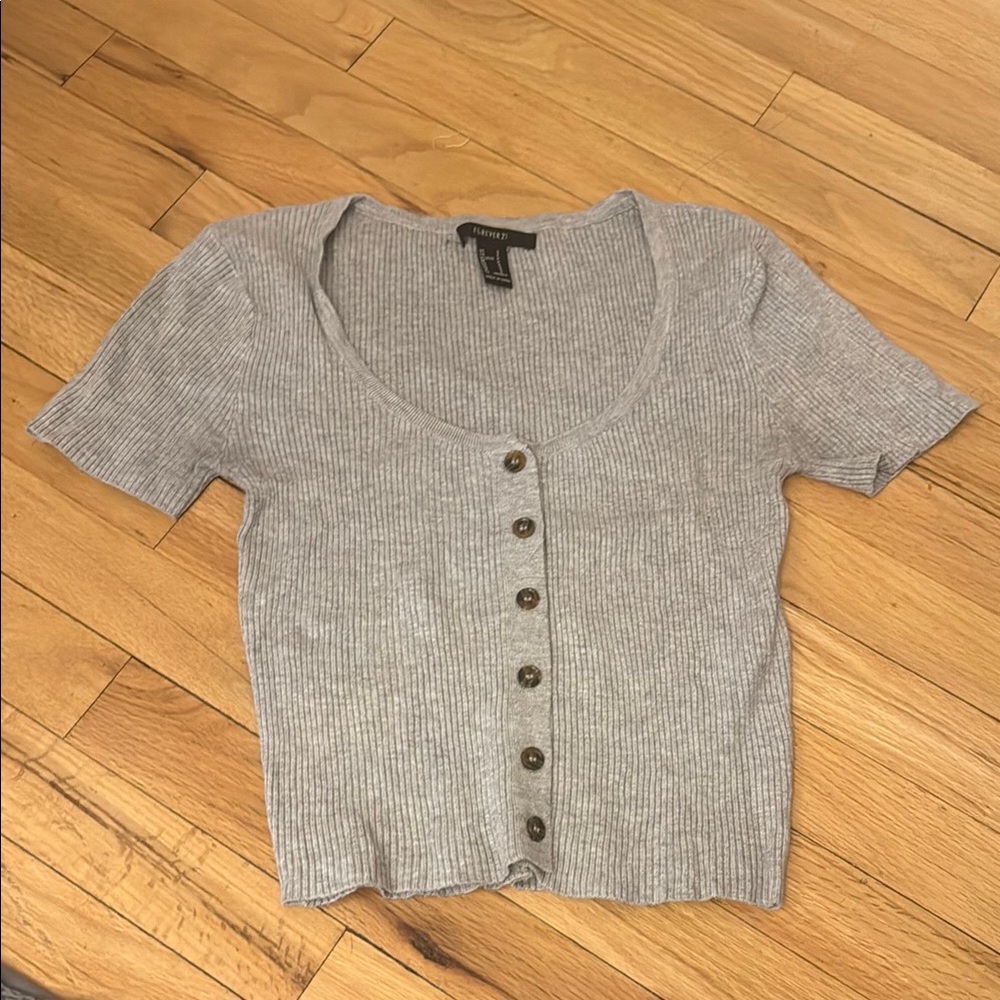 Gray Button-Up Ribbed Top